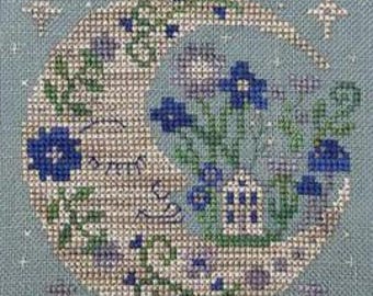 Counted Cross Stitch, Twilight Moon, Crescent Moon, Flower Motifs, Night Garden, Stars, Nighttime, Tiny Modernist, PATTERN ONLY