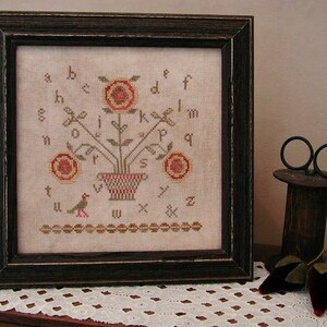 Puede incluir: Un sampler de punto de cruz enmarcado con un diseño floral. El sampler presenta una maceta de flores con flores rojas y hojas verdes. Las letras del alfabeto están bordadas alrededor de las flores. El sampler está enmarcado en un marco de madera oscura.