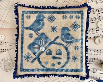 Counted Cross Stitch Pattern, Gathering Snowflakes, Winter Decor, Bluebirds, Snowman, Snowflakes, Luminous Fiber Arts, PATTERN ONLY