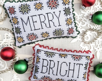Counted Cross Stitch Pattern, Merry & Bright, Christmas Decor, Pillow Ornament, Bowl Filler, Hello From Liz Mathews, PATTERN ONLY