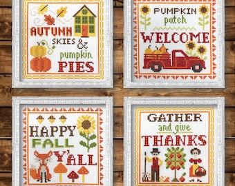 Counted Cross Stitch Pattern, Autumn Signs, Fall Decor, Pick Up Truck, Pumpkins, Fox, Apples, Ornaments, Tiny Modernist, PATTERN ONLY