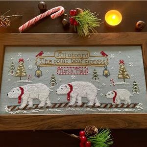 May include: A framed cross-stitch featuring three polar bears wearing red scarves, walking on train tracks. The text reads "All aboard the polar bear express" and "North Pole". The frame is made of wood, and the image has a Christmas theme.