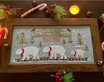 Counted Cross Stitch, Polar Bear Express, Country Chic, Tuck Pillow, Cardinals, Snowflakes, Christmas Decor,  Flossabilities, PATTERN ONLY