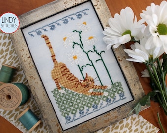 Cross Stitch Pattern, Stretching in the Daisies, Cats in the Garden, Garden Decor, Kitty Cats, Lindy Stitches, PATTERN ONLY