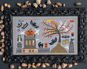 Counted Cross Stitch Pattern, Haunted, Samplers, Halloween Decor, Bats, Moon, Ghosts, Haunted House, Kathy Barrick, PATTERN ONLY