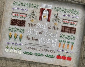 Counted Cross Stitch Pattern, Jefferson's Garden, Summer Decor, Garden Decor, Quote Sampler, Vegetables, Sweet Wing Studio, PATTERN ONLY