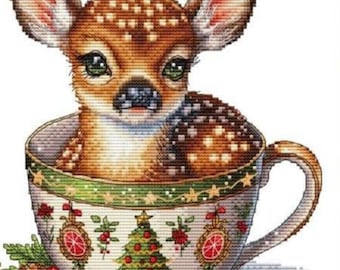 Counted Cross Stitch Pattern, Christmas Animal Cups, Reindeer, Christmas Decor, Teacup, Les Petites Croix de Lucie, PATTERN ONLY