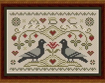 Counted Cross Stitch Pattern, Pigeons and Strawberries, Flower Motifs, Strawberry Patch, Hearts, Happiness is Heart Made, PATTERN ONLY