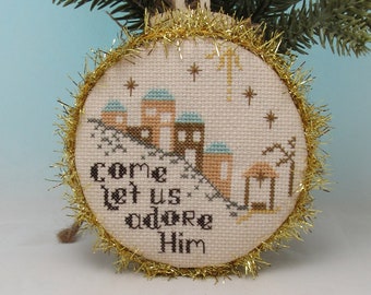 Counted Cross Stitch Pattern, Adore Him, Christmas Decor, Pillow Ornament, Bowl Filler, Manger, Bethlehem, KiraLyns Needlearts. PATTERN ONLY