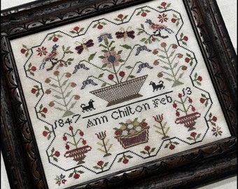 Counted Cross Stitch Pattern, Ann Chilton 1847, Reproduction Sampler, Flower Motif Border, The Scarlett House, PATTERN ONLY