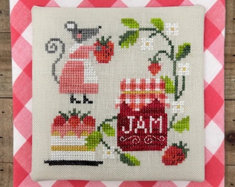 Counted Cross Stitch Pattern, Mouse's Strawberry Jam, Summer Decor, Pillow Ornament, Bowl Filler, Strawberries, Tiny Modernist, PATTERN ONLY