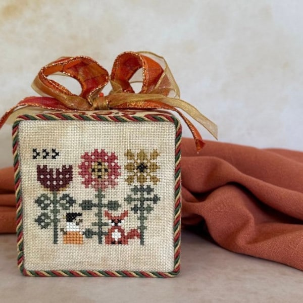 Counted Cross Stitch, Harvest Frill, Autumn Decor, Fox, Pillow Ornament, Bowl Filler, Dahlia Motifs, Heart in Hand, PATTERN ONLY