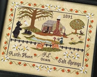 Counted Cross Stitch Pattern, Ole Florida Sampler, 1891, Farmhouse Country, Ocala, Bear, Motifs, Finally A Farmgirl, PATTERN ONLY