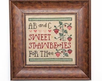 Cross Stitch Pattern, Sweet Strawberries, Summer Sampler, Heart Motifs, Pillow Ornament, Bowl Filler, Border, Heart in Hand, PATTERN ONLY