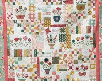 Quilt Pattern, Flowerpots and Forget-me-nots BOM, Embroidery, Wool Applique, Summer, Spring, Pansy Patch Quilts and Stitchery, PATTERN ONLY