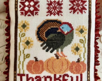 Counted Cross Stitch Pattern, A Turkey's Thanks, Thanksgiving Decor, Pumpkins, Sunflowers, Luminous Fiber Arts, PATTERN ONLY