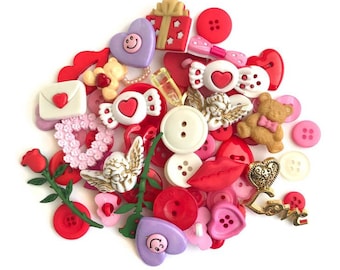Valentine, Valentine Buttons, Value Pack, Red, White, Pink Hearts, Lips, Cupcake, Shank Button Embellishments, VP330, Buttons Galore & More