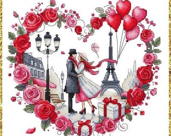 Counted Cross Stitch Pattern, Love in Paris, Valentine's Day Decor, Roses, Hearts, Eiffel Tower,  Les Petites Croix de Lucie, PATTERN ONLY