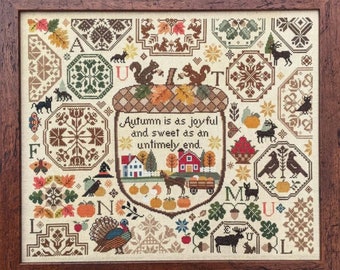 Counted Cross Stitch Pattern, Autumn Is As Joyful, Quote Sampler, Quaker Motifs, Roman Style Alphabet, Lila's Studio.  PATTERN ONLY
