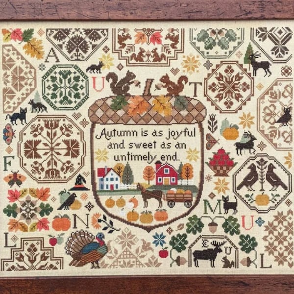 Counted Cross Stitch Pattern, Autumn Is As Joyful, Quote Sampler, Quaker Motifs, Roman Style Alphabet, Lila's Studio.  PATTERN ONLY