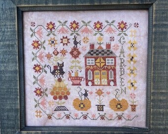 Counted Cross Stitch Pattern, Autumn Garden at Cranberry Manor, Sampler Garden, Harvest Motifs, Cat, Pansy Patch, PATTERN ONLY