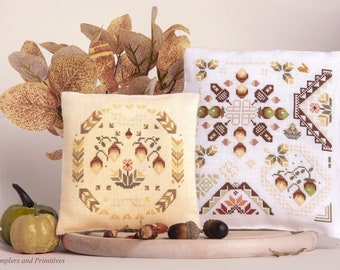 Counted Cross Stitch Pattern, The Autumn Quakers, Acorn Motifs, Country Primitive, Samplers and Primitives, PATTERN ONLY