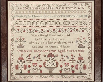 Counted Cross Stitch Pattern, Mary Ann Smith 1835, Reproduction Sampler, Flower Motifs, Birds, The Scarlett House, PATTERN ONLY