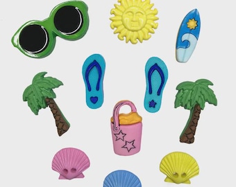 Beach Bum, Summer Collection, Decorative Shank Buttons, USA Made, Sewing and Craft Embellishments, Sun, Shells, #4245, Buttons Galore & More