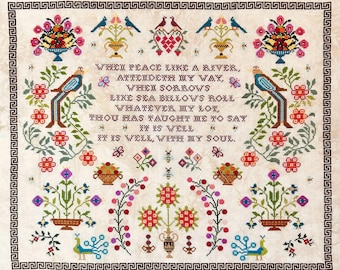 Counted Cross Stitch Pattern, It is Well, Bird Motifs, Flower Motifs, Religious, Verse Sampler, Monticello Stitches, Pattern ONLY