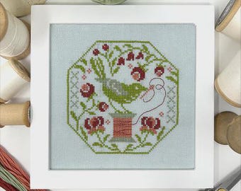 Counted Cross Stitch Pattern, The Thread Keeper, Summer Decor, Flower Motifs, Bird Motif, Spool Motif, Border, Tiny Modernist, PATTERN ONLY