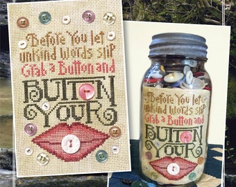 Counted Cross Stitch Pattern, Button Your Lip, Tuck Pillow, Bowl Filler, Buttons, Lips, Silver Creek Samplers, PATTERN ONLY