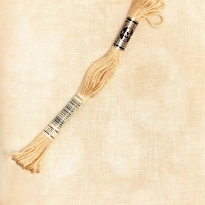 May include: A skein of light beige embroidery floss, labeled with the number 676, lies diagonally across a cream-colored fabric. The floss is tightly wound at one end and has loose strands at the other. The fabric has a subtle woven texture.