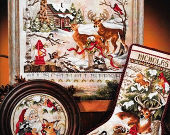 Modèle de point de croix compté, Noël dans les bois, bas de Noël, père Noël, renne, décoration de Noël, Stoney Creek, MOTIF UNIQUEMENT