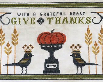 Counted Cross Stitch Pattern, With A Grateful Heart, Thanksgiving Decor, Pillow, Pumpkin, Autumn Decor, Artful Offerings, PATTERN ONLY