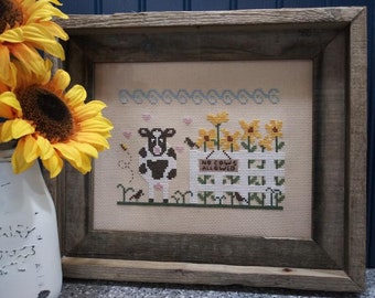 Counted Cross Stitch Pattern, Looking for Lunch, Sunflowers, Cow Farm, Dairy Farm, Sunflower Farm, Vintage NeedleArts, PATTERN ONLY