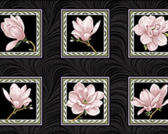 Quilt Fabric, Accent on Magnolias, Magnolia Blooms, Blocks Coral/Black, Floral Quilt Fabric, Benartex, Jackie Robinson, Animas Quilts