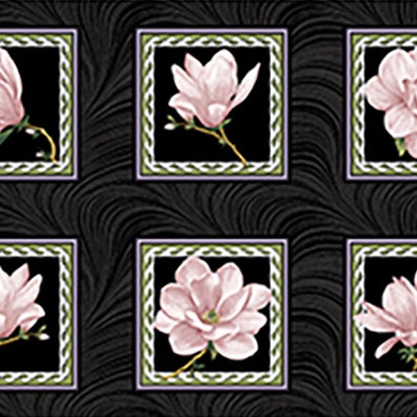 Quilt Fabric, Accent on Magnolias, Magnolia Blooms, Blocks Coral/Black, Floral Quilt Fabric, Benartex, Jackie Robinson, Animas Quilts