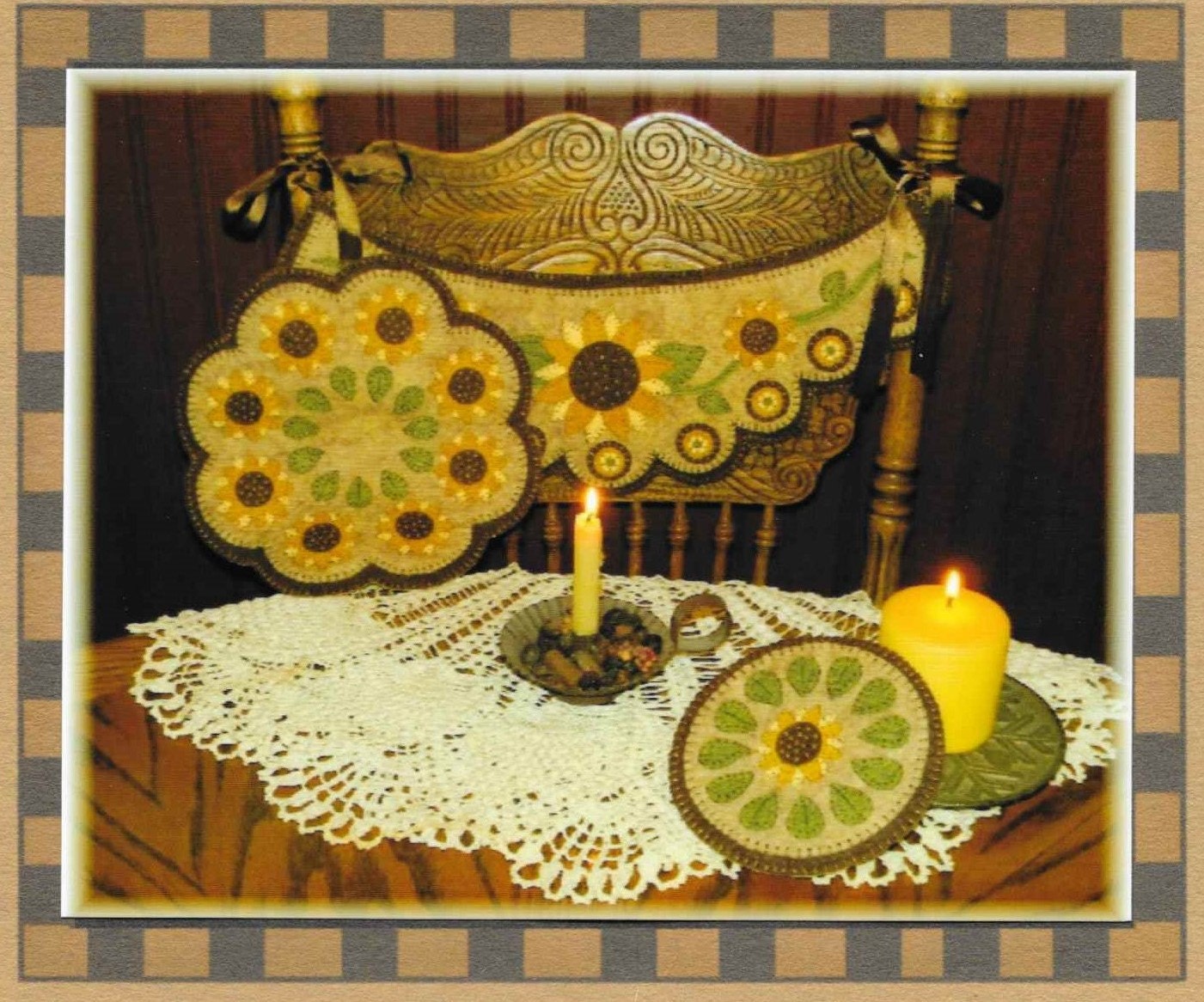 Wool Applique Pattern, Prim Sunflowers, Chair Swag, Candle Mat, Penny