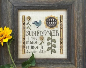 Counted Cross Stitch, Sunny Day, Summer Decor, Pillow Ornament, Stars, Sunflower Motifs, Bluebird, Heart in Hand, PATTERN ONLY