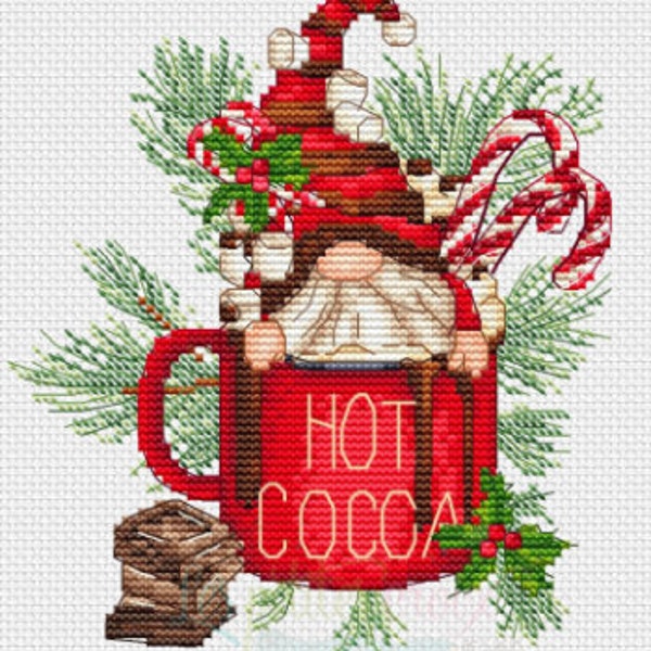 Counted Cross Stitch Pattern, Hot Cocoa Gnome 2022, Winter Decor, Christmas Gnome, Pillow Ornament, Les Petites Croix de Lucie, PATTERN ONLY