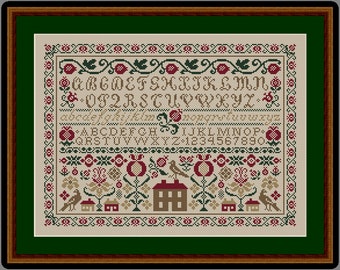 Counted Cross Stitch Pattern, Pomegranate Alphabet, Alphabet Sampler, Motifs Sampler, Alphabet, Birds, Happiness is Heart Made, PATTERN ONLY