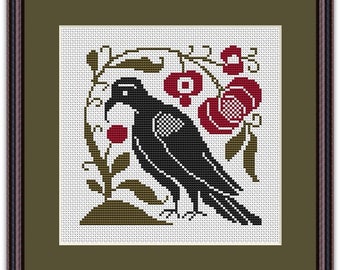 Counted Cross Stitch Pattern, Pomegranate Curiosity, Blackbird, Pomegranate, French Inspired,  Happiness is Heart Made, PATTERN ONLY