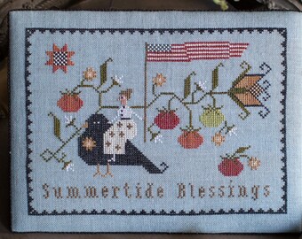 Counted Cross Stitch Pattern, Summertide Blessings, Blackbird, Tomatoes, Patriotic, Americana, Plum Street Samplers, PATTERN ONLY