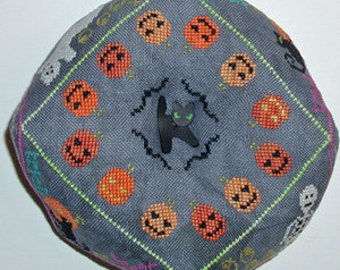 Counted Cross Stitch Pattern, A Spooky Biscornu, Halloween, Cats, Ghosts, Pumpkins, Autumn, Pincushion, Praiseworthy Stitches, PATTERN ONLY