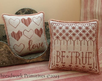 Counted Cross Stitch Pattern, Valentine Duo, Primitive Decor, Pillow Ornament, Nan Lewis, Threadwork Primitives, PATTERN ONLY