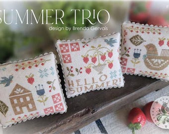 Counted Cross Stitch Pattern, Summer Trio, Summer Decor, Strawberries, Bluebirds, Brenda Gervais, PATTERN ONLY
