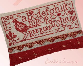 Counted Cross Stitch Pattern, Redbird Sampler, Red Work Sampler, Alphabet Sampler, Pillow Ornament, Bowl Filler, Heart in Hand, PATTERN ONLY