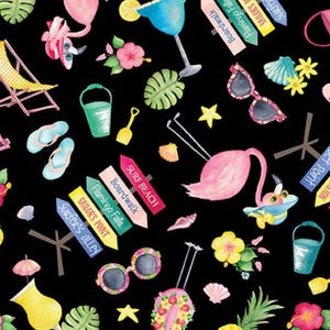 May include: A black fabric pattern featuring colorful summer illustrations including pink flamingos wearing hats, tropical flowers, palm leaves, blue cocktails, yellow pineapples, sunglasses, flip-flops, buckets, and directional signs labeled Surf Beach, Boardwalk, Flamingo Falls, Sailor's Point, and Surfer's Alley.