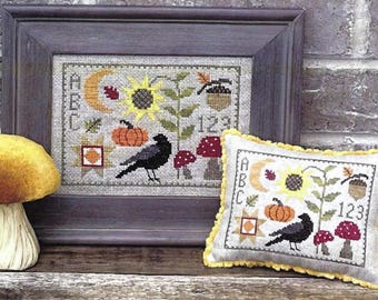 Counted Cross Stitch, Harvest Gathering, Autumn Decor, Fall Motifs, Crow, Pillow Ornament, Bowl Filler, Under the Garden Moon, PATTERN ONLY