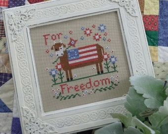 Counted Cross Stitch, For Freedom, Americana, Patriotic, Farmhouse Decor, Cow, Flowers, Annie Beez Folk Art, PATTERN ONLY